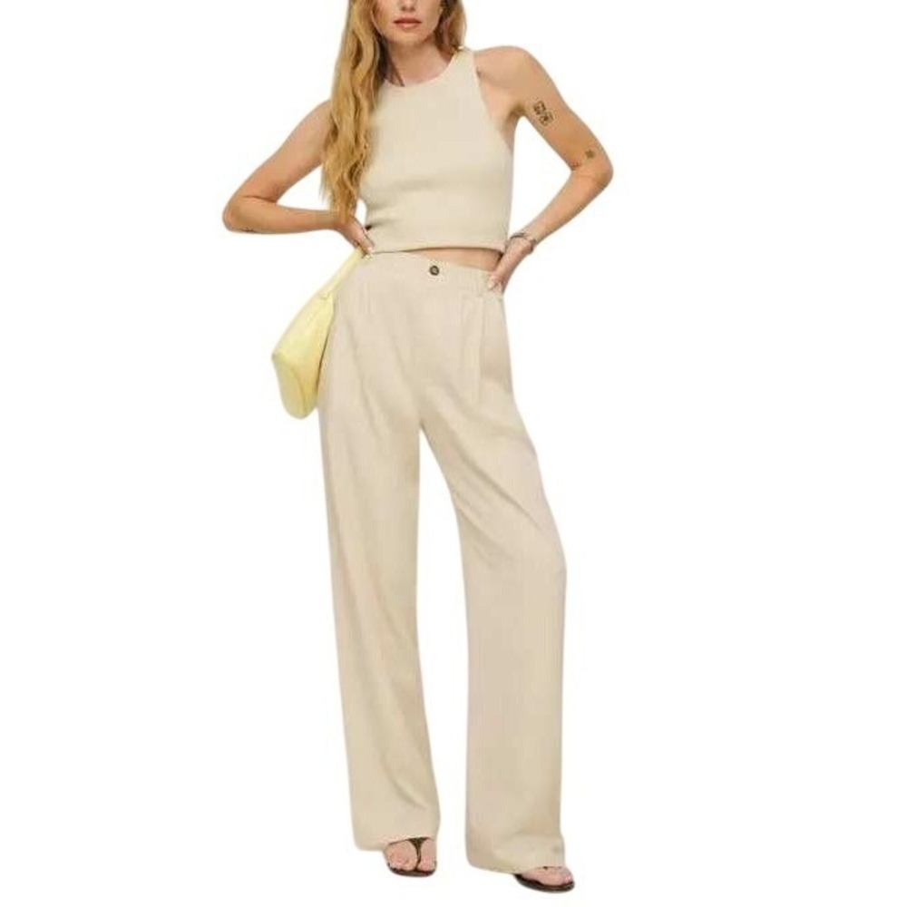 Reformation Wide Leg Pants Beige Size 10P Career Casual Flowy Pleated Quiet Luxe